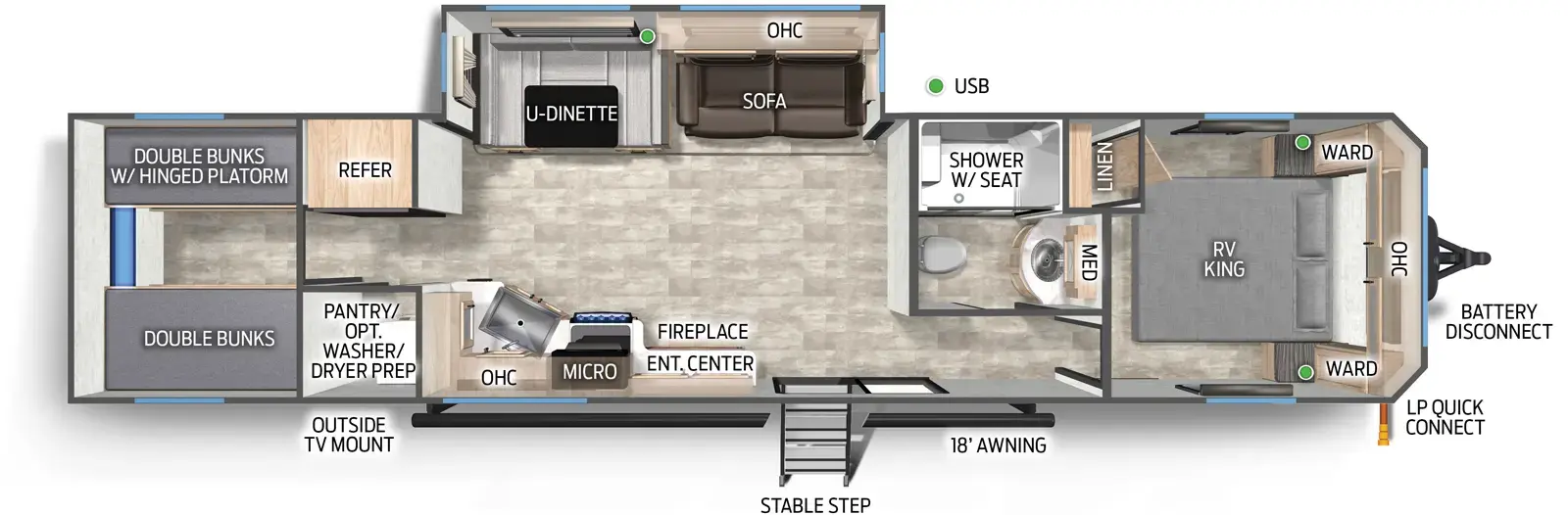 The Cherokee Black Label 39TNBL floorplan has one entry and one slide out. Exterior features include: fiberglass exterior and 18' awning. Interiors features include: bunk beds, u-dinette and front bedroom.